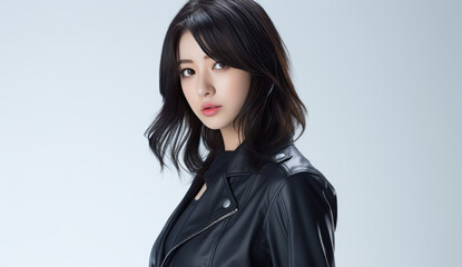 Stylish Asian woman in black leather jacket with long curly hair – confident and modern fashion look