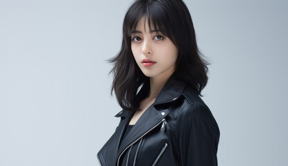 Stylish Asian woman in black leather jacket with long curly hair – confident and modern fashion look