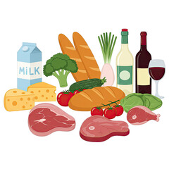 Vibrant Still Life of Groceries with Transparent Background: Fresh Meat, Bread, Dairy, and Produce for Packaging Design