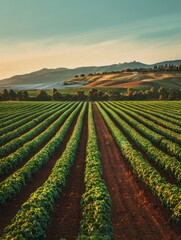 Sunlit rows of green crops stretch across rolling farmland toward distant hills under a warm sunrise sky.