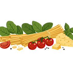 Vibrant Still Life of Pasta Ingredients with Tomatoes and Cheese on Transparent Background: Perfect for Food Packaging Design and Culinary Branding
