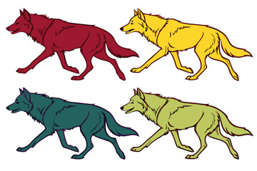 set of Wolf pack running silhouette illustration