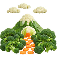 Vibrant Vegetable Mountain Landscape: Creative Food Photography with Broccoli, Cauliflower, and Carrots on Transparent Background, Ideal for Healthy