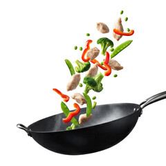 Vibrant Vegetable Stir Fry in a Black Wok Against a Dark Background: A Culinary Delight for Packaging and Culinary Websites