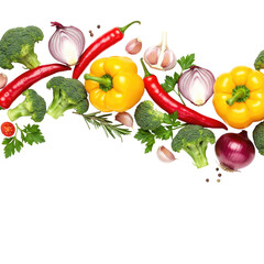 Vibrant Vegetables and Herbs on Black Background: A Culinary Still Life Featuring Broccoli, Bell Peppers, Red Chili Peppers, Garlic, and Onions