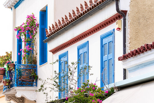 Fototapeta Close-up of traditional Greek whitewashed buildings with blue shutters, Plaka, Athens, Attica, Greece