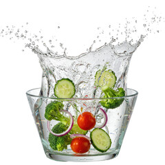Vibrant Vegetables Splashing in Glass Bowl: A Fresh and Healthy Food Image with Transparent Background, Ideal for Packaging and Culinary Designs
