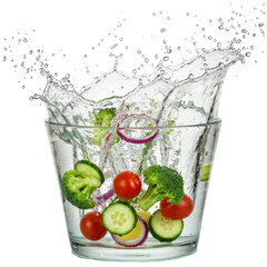 Vibrant Vegetables Splashing into Glass Bowl: Fresh Cucumbers, Cherry Tomatoes, Broccoli, and Red Onions Submerged in Water, Creating a Dynamic Food
