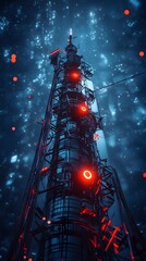 Futuristic communication tower with glowing red lights at night technology network photo