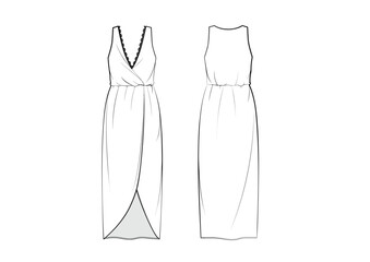 Women Lingerie Lace Trims Wrapped Front Slip Dress , Front & Back View, fashion flat sketch, Front & Back View, Editable Flat Technical Drawings Illustration, Dress Mock up