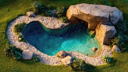 Small pool nestled in a rock garden, aerial view