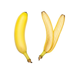 Vibrant Yellow Banana and Peeled Banana on Transparent Background: A Detailed Studio Shot of Fresh Fruit Ready for Packaging and Design Projects