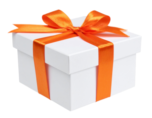 Elegant White Gift Box with Shiny Orange Ribbon and Bow, Isolated on Transparent Background