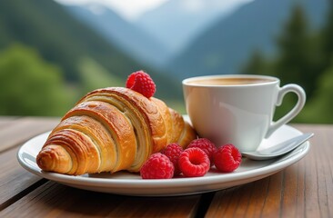 Romantic breakfast of croissants and coffee in the mountains at dawn. raspberry on top of the croissant. Coffee in a cup. Atmospheric