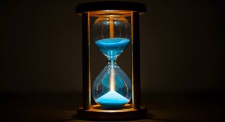 A glowing hourglass with light spilling out, concept of urgency.