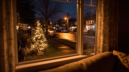 Obraz premium View of dark quiet street from living room window, room inside reflected in glass with few lights from Christmas tree. Transition from Thanksgiving to next holiday.