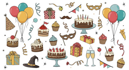 A colorful collection of festive birthday party elements and decorations with cakes and balloons.