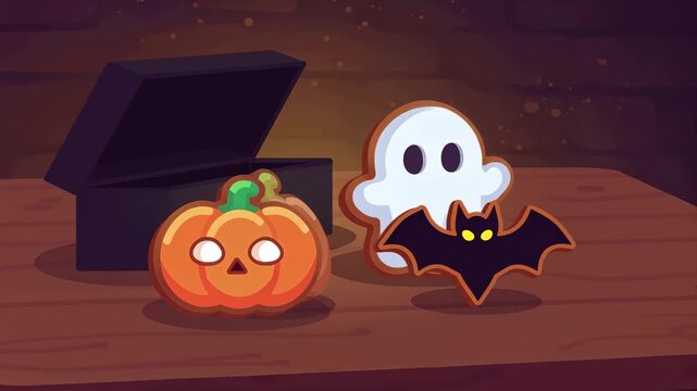 Halloween cookies in coffin box with ghost and pumpkins in simple flat animation style on wooden table
