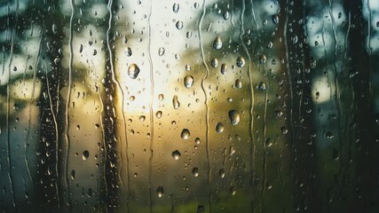 Extreme close-up shot of raindrops slanted glass window, low diagonal upward angle. Blurred lush greenery droplets merge slide storm clouds flashes reflecting droplets dramatic cinematic intensity - Powered by Adobe
