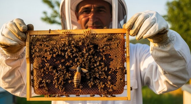A beekeeper holding a honeycomb frame with bees.
