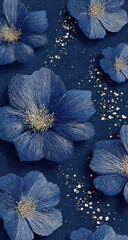 Delicate blue flowers, gold glitter, dark background