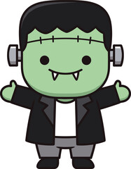 cartoon monster, green skin, friendly Frankenstein, Halloween character, vector illustration, smiling creature, child design, cute monster, thumbs-up pose, stitched forehead, black jacket, monster art