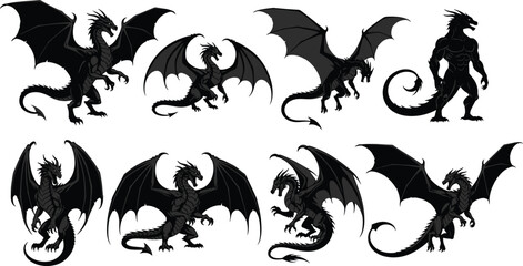 dragon silhouette, fantasy creature, black vector, mythical beast, winged dragon, flying pose, dragon design, character art, creature icon, dragon form, vector illustration, monster shape, horned drag © Sharon 