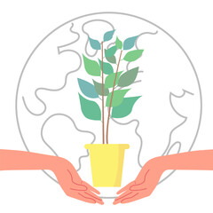 Environmental care and green plants concept with hands protecting nature and earth conservation