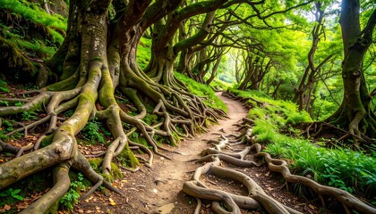 Lush forest path with exposed tree roots (1)