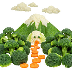 Whimsical Vegetable Mountain Landscape Featuring Broccoli Trees and a Cauliflower Volcano with Carrot Path on Transparent Background, Creative Food