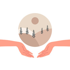 Environmental care and green plants concept with hands protecting nature and earth conservation