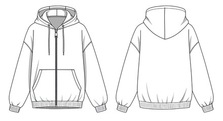 White Hooded Jacket Mockup: Front and Back Views on Transparent Background, Perfect for Branding and Design Projects, Apparel Template, Vector