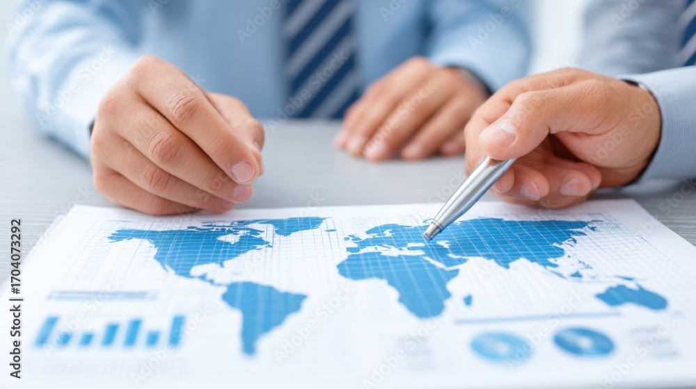 Poster business professionals examining a global map while discussing strategy and data, close-up of hands,