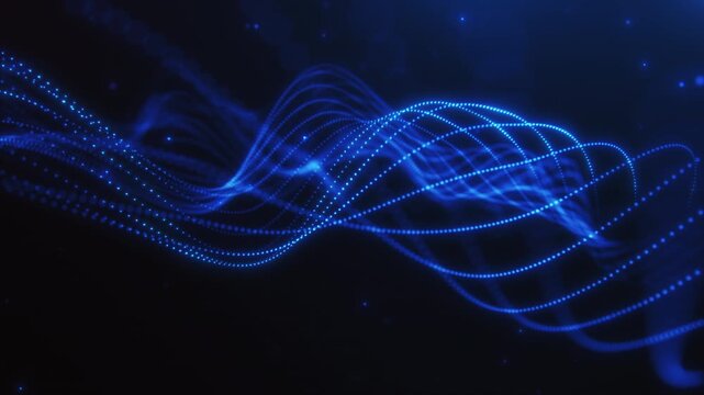 Abstract glowing blue frequency waves with dynamic flowing dots and lines on dark background. Futuristic technology data visualization in seamless 4K loop