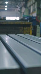 Metal strips on a factory floor.  Rows of light gray metal