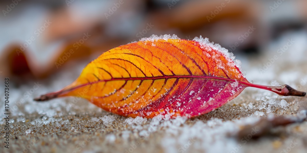 Aufkleber vibrant autumn leaf covered in frost resting on a textured surface in a natural setting