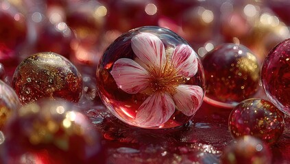 A delicate pink flower, encased in a  red sphere, rests amidst a cluster of  similar orbs