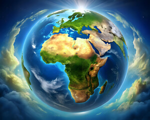 Fototapeta premium A stylized globe featuring africa and europe surrounded by clouds with a bright sun flare
