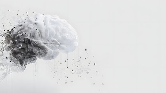 Digital composite of 3D brain against white background with dots and connections.