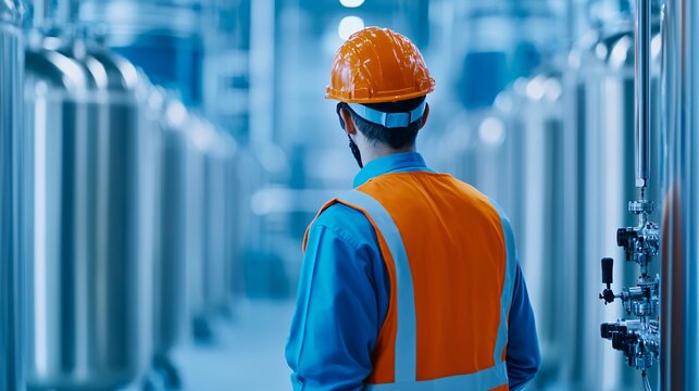 engineer wearing safety helmet inspecting control systems at Aviation Fuel from Waste Plastic Conversion facility surrounded by chemical tanks.