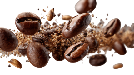 Coffee beans in mid-air, suspended in a spray of coffee grounds and spices