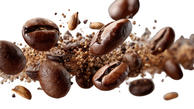 Coffee beans in mid-air, suspended in a spray of coffee grounds and spices