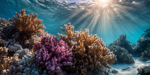 Naklejka premium Vibrant coral reef underwater scene with sunlight filtering through the ocean surface