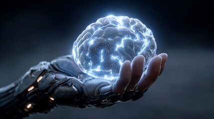 Robotic hand holding a glowing, electric, stylized brain