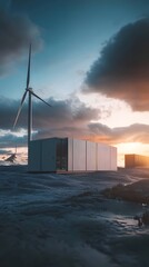 Futuristic wind turbine and data center in a desolate landscape at sunset renewable energy photo
