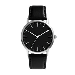 Simple, minimalist wristwatch with black leather band and silver bezel