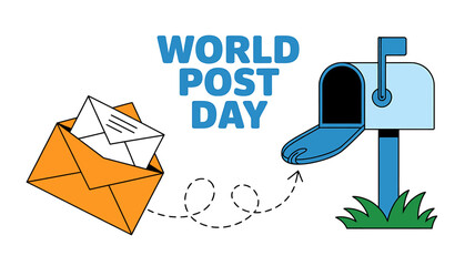 Celebrating World Post Day with an orange envelope and a blue mailbox illustration perfect for greeting cards and social media posts