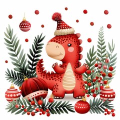Cute Red Dinosaur with Christmas Decorations and Festive Plants