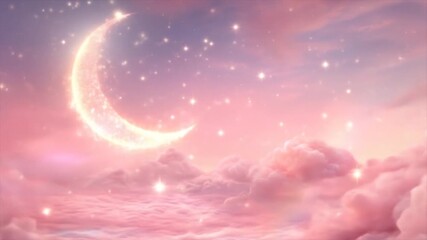 A dreamy, pastel pink sky, adorned with a shimmering crescent moon and fluffy clouds, evokes a sense of wonder and tranquility. - Powered by Adobe