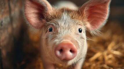 Fototapeta premium Curious piglet exploring its cozy surroundings in a barn on a sunny day